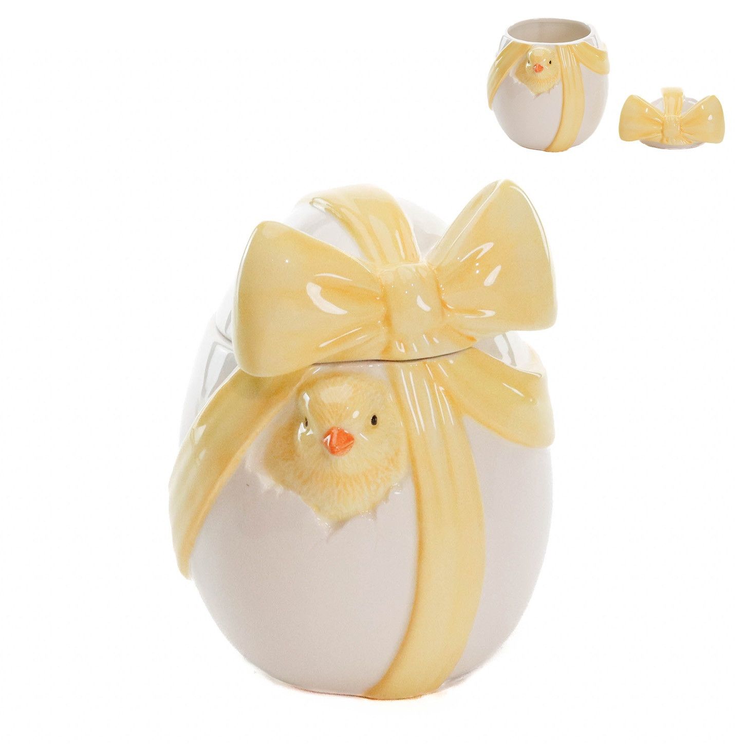 Paasdecoratie - Goodwill - Voorraadpot Paasei met Kuiken - wit/geel - keramiek - H 15,5 cm