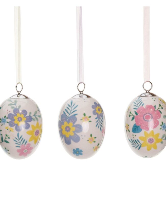 Paashanger - goodwill - Keramische Eitjes met bloemmotief - Assortiment van 3/Prijs per stuk - H 7,5 cm