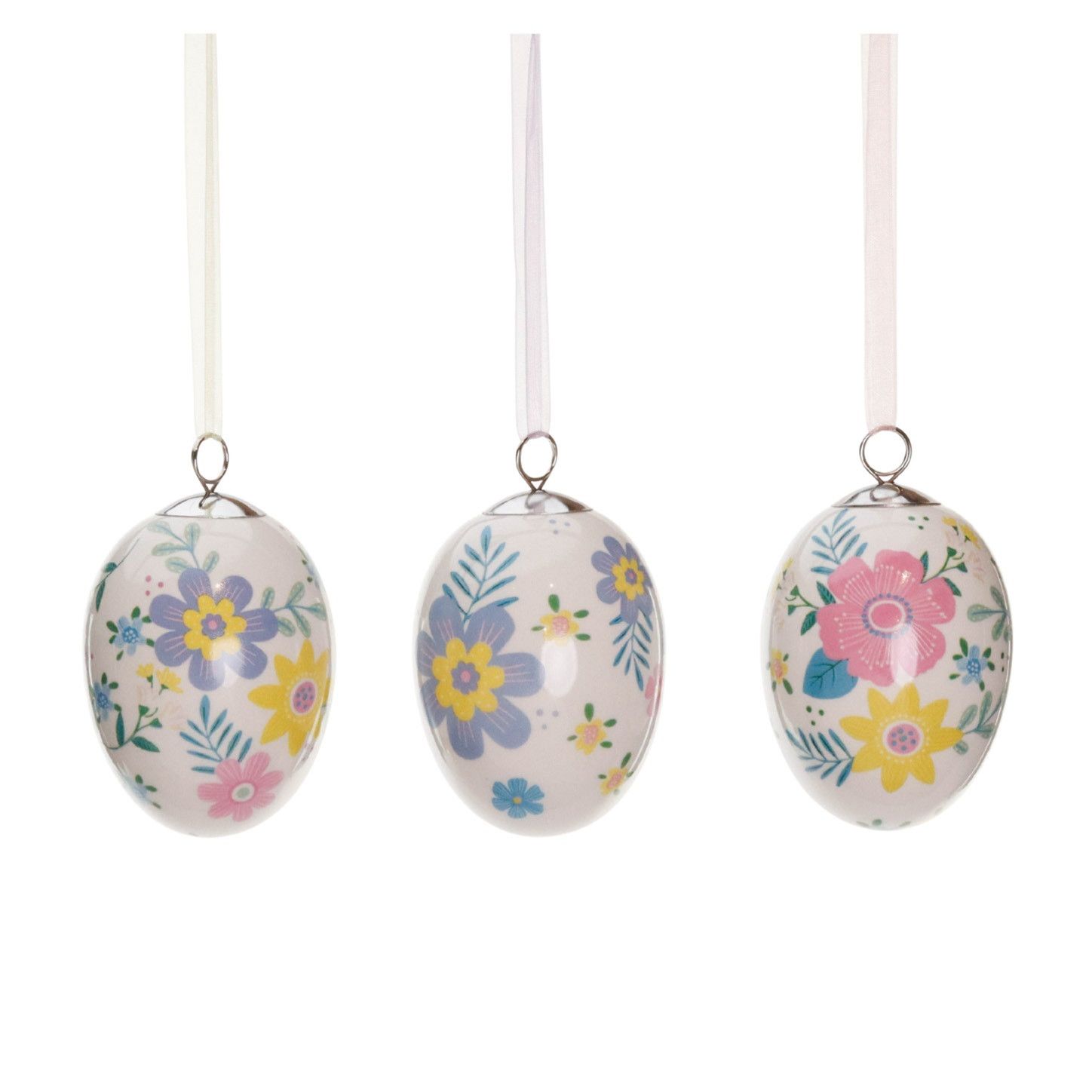 Paashanger - goodwill - Keramische Eitjes met bloemmotief - Assortiment van 3/Prijs per stuk - H 7,5 cm