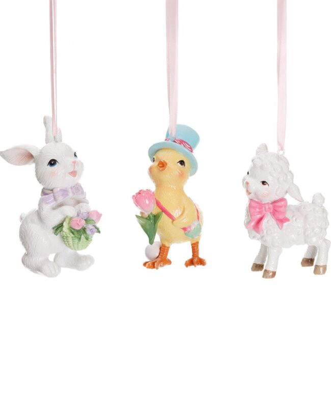 Paashanger - goodwill - Konijntje/lammetje/kuikentje - kunsthars - wit/geel - assortiment van 3/prijs per stuk – Kunsthars – 9,5 cm