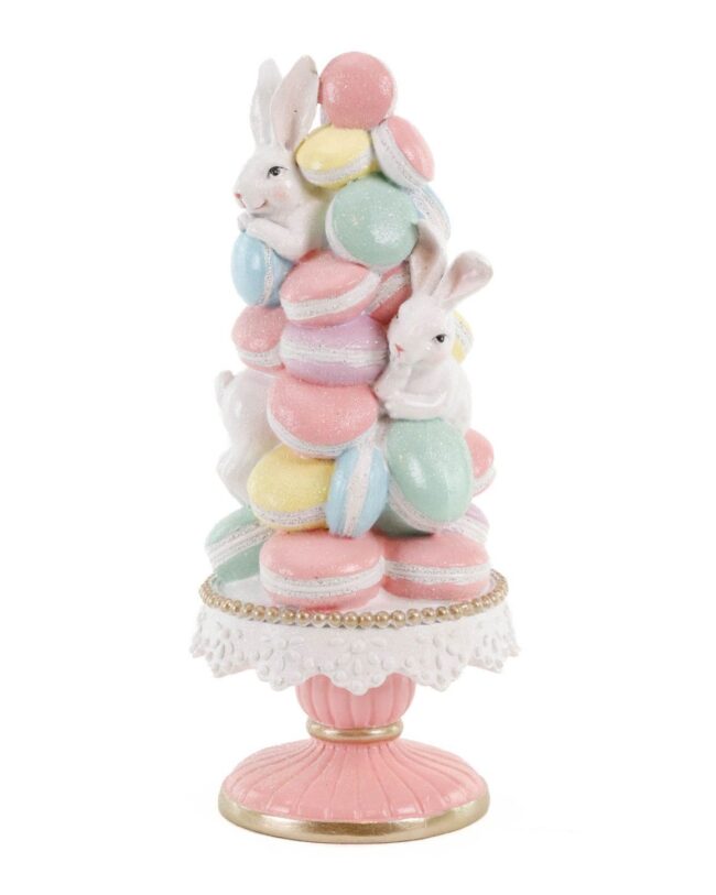 paasdecoratie - goodwill - Kegelvorm paashaas/macarons op voet - polystone - pastelkleuren - h 27,5 cm