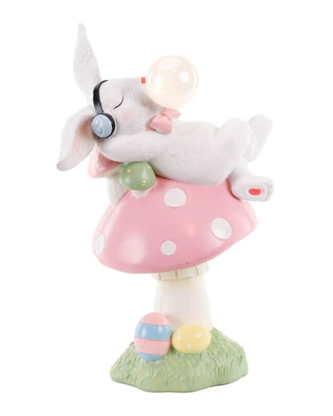 paasdecoratie - goodwill - paashaas rustend op een roze paddenstoel met LED - polystone - roze/wit - H 40,5 cm