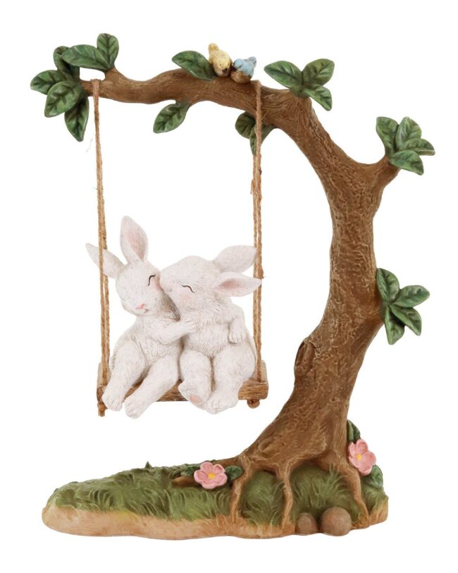 paasdecoratie - goodwill - kussende konijntjes op een schommel - polystone - bruin/wit - h 32,5 cm