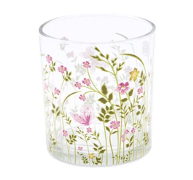 Theelichthouder “Roze Bloemetjes in het Gras” 🌸🕯️ - glas - Ø 7 x H 8 cm