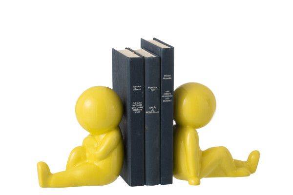 decoratief beeld - j-line - Set van 2 Boekensteunen - Marcel - Keramiek - Geel💛📚 - 17,5 x 11 x 17 cm