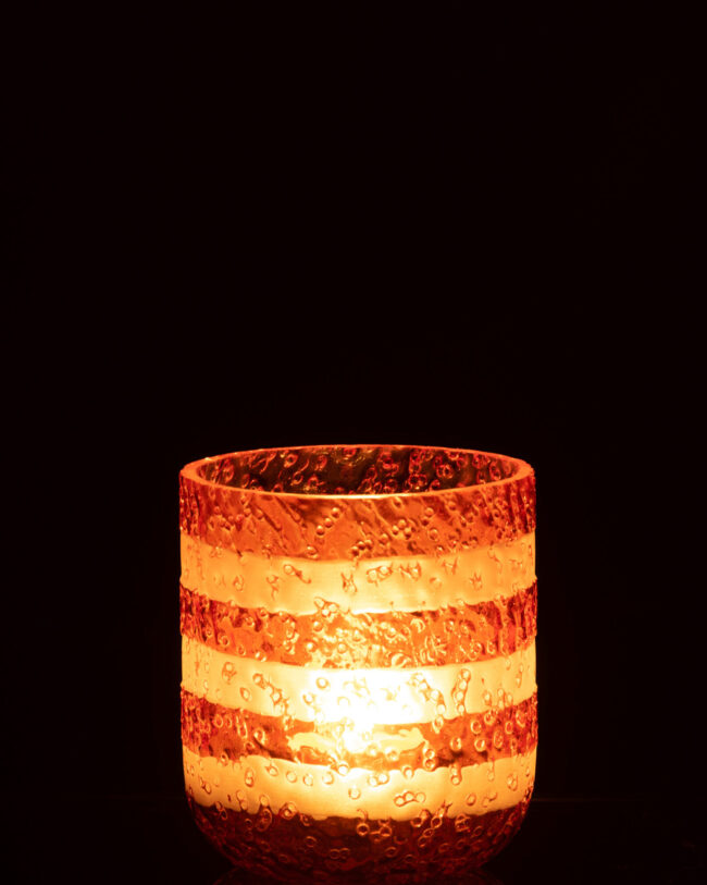 Theelichthouder met Witte Strepen - j-line - Glas - Oranje - klein - Ø 9 x 10 cm