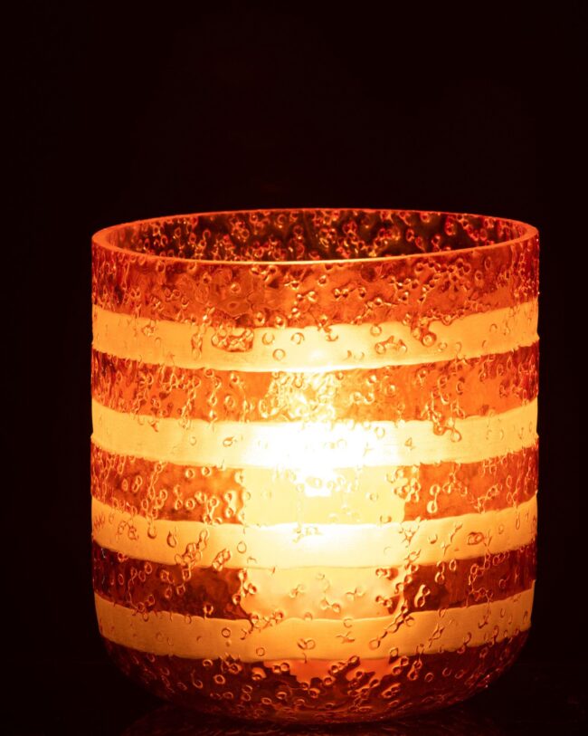 Theelichthouder met Witte Strepen - j-line - Glas - Oranje - groot - Ø 14 x 15 cm