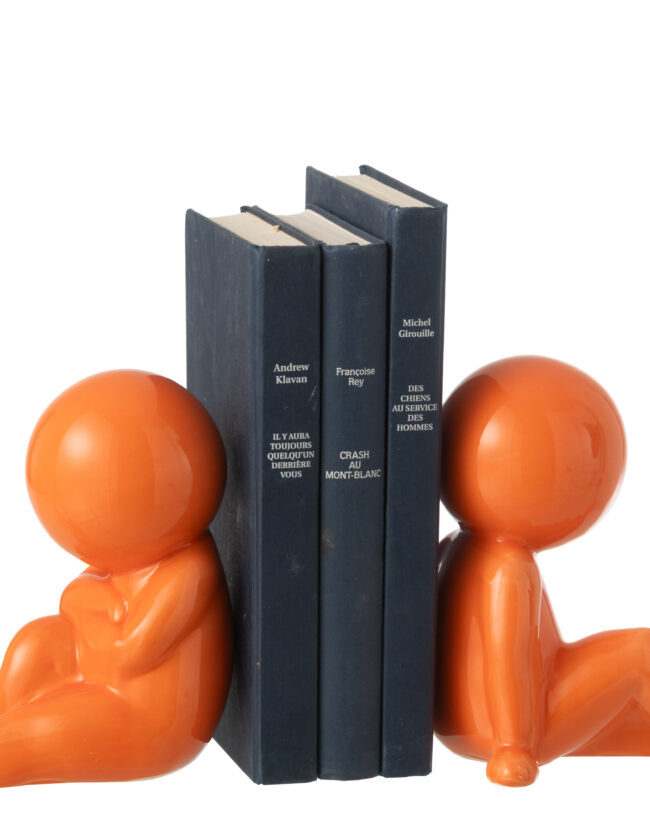 decoratief beeld – j-line – Set van 2 Boekensteunen – Marcel – Keramiek – Oranje🧡📚 – 17,5 x 11 x 17 cm