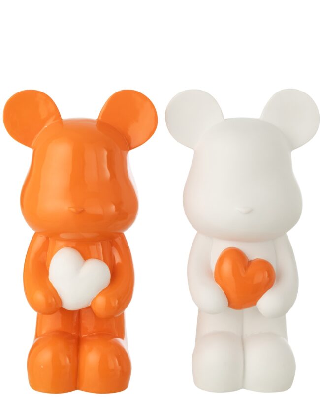 decoratief beeld - j-line - Staande Beer met Hart – Kunsthars - wit/oranje - klein - 22,5 x 17,5 x 42,5 cm - assortiment van 2/prijs per stuk - enkel afhalen/geen verzending