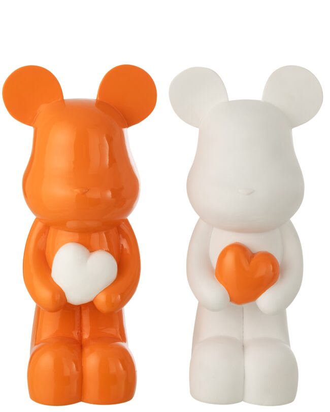 decoratief beeld - j-line - Staande Beer met Hart – Kunsthars - wit/oranje - groot - 31,5 x 24,5 x 60 cm - assortiment van 2/prijs per stuk - enkel afhalen/geen verzending
