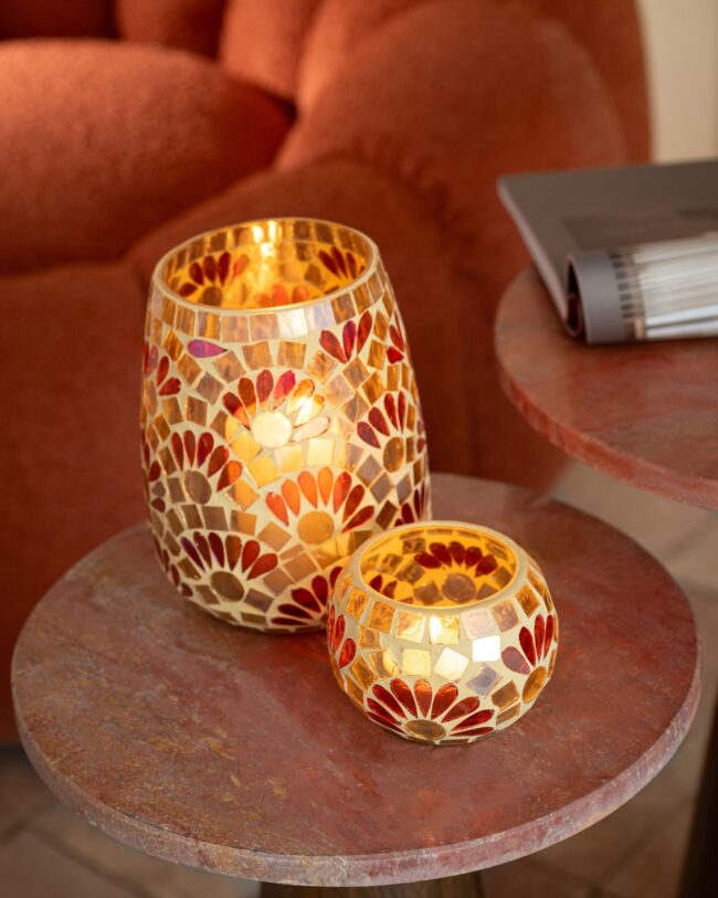 theelichthouder mozaïek - j-line - glas - groot - Ø 12,5 x 16 cm