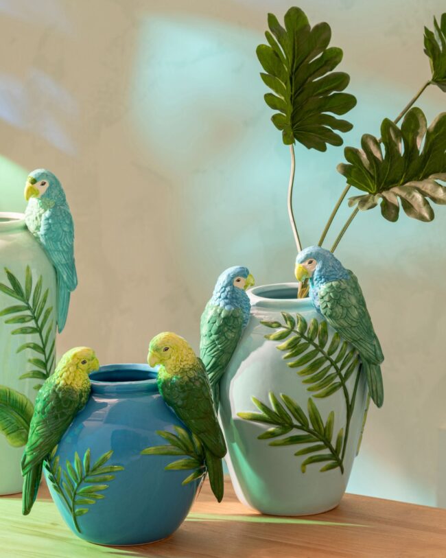 🦜✨ Vaas Papegaaien - J-Line - Keramiek - Groen/Blauw/Geel - groot - 20,5 x 16 x 38 cm - enkel afhalen/geen verzending