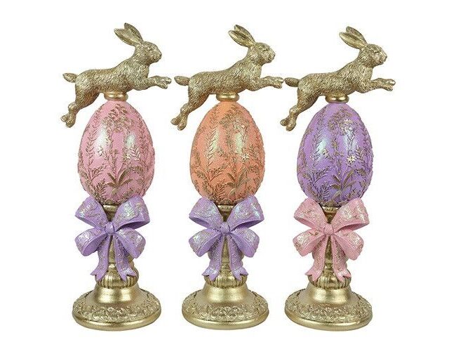 decoratief ornament - Countryfield - Vergulde haas op paasei/strik/voet - oranje/roze/paars - assortiment van 3/prijs per stuk - 19 × 15 × 48 cm
