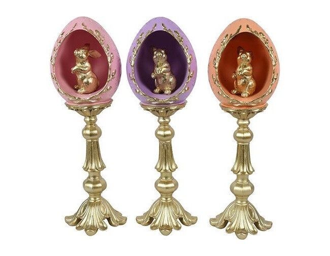 decoratief ornament - Countryfield - Verguld Haasje in Ei op Voet - oranje/roze/paars - assortiment van 3/prijs per stuk - 13 × 13 × 42 cm