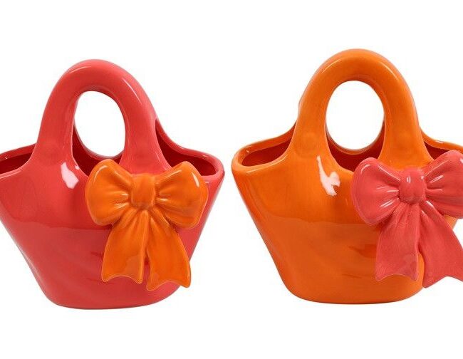 decoratieve vaas/bloempot - countryfield - Handtas met Strik - zalmroze / oranje - keramiek - 20 Γ 12 Γ 20,5 cm - assortiment van 2/prijs per stuk