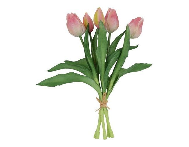 Kunstboeket – countryfield – 3D tulpen – kunststof – 5 stuks roze/crème – L15B15H28CM
