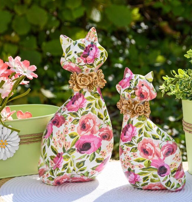 decoratief beeld - 🐱 Poes “Old Flowers” - kunsthars - Roze/Groen/Goud - groot - 14 x 14 x 27 cm