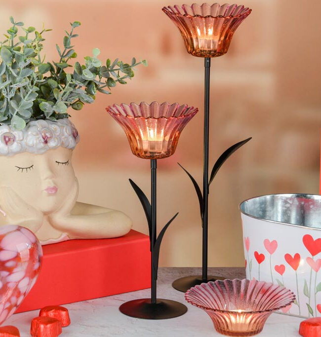 πΈ Theelichthouder op voet Bloem - decoratief - glas - Roze/Oranje - klein - Γ 10 x 22 cm