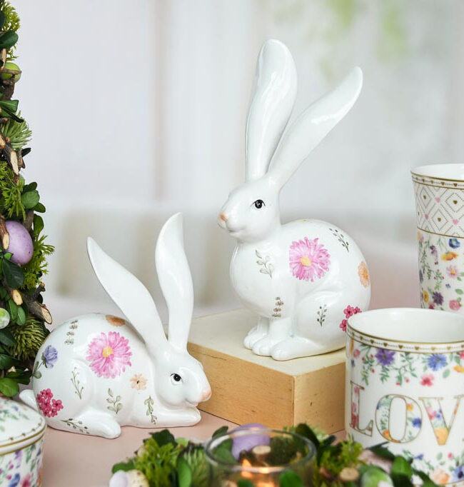 decoratief beeld - 🐰 Bunny Zittend “Flower Puff” - keramiek - Wit - klein - 13 x 8 x 15 cm