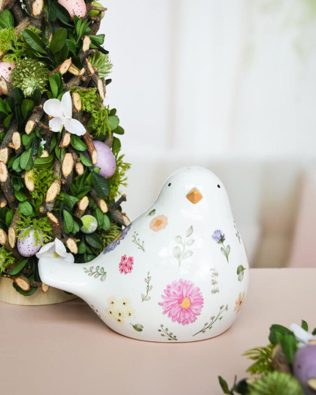 decoratief beeld - Vogel zittend 'Flower Puff'- keramiek - wit - 15 x10 x 12 cm