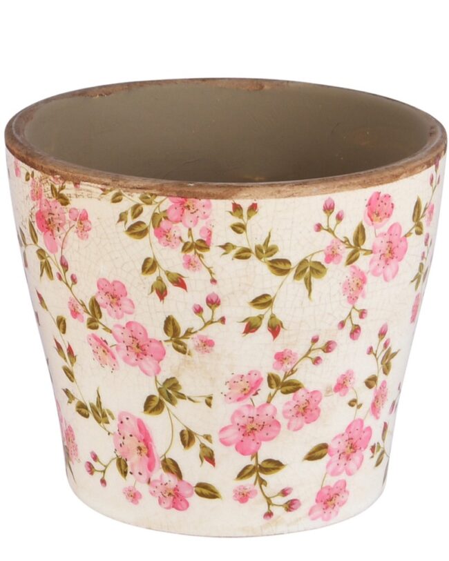🌸 Cachepot “Pink Daisies” - decoratief - keramiek - beige - 16 x 16 x 15 cm