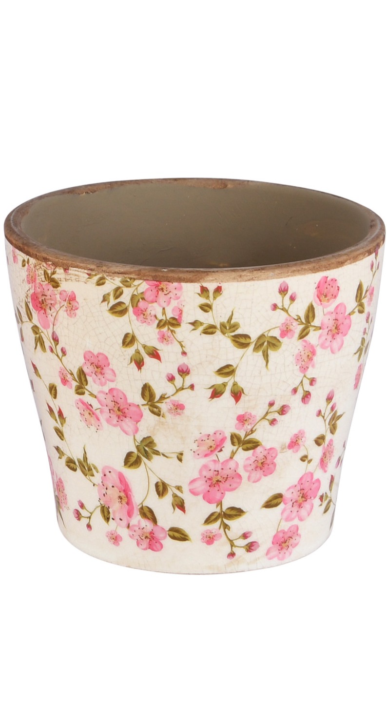 🌸 Cachepot “Pink Daisies” - decoratief - keramiek - beige - 16 x 16 x 15 cm