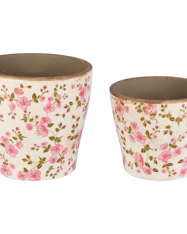 🌸 Set 2 Cachepots “Pink Daisies” - decoratief - keramiek - beige - 18 x 18 x 17 cm