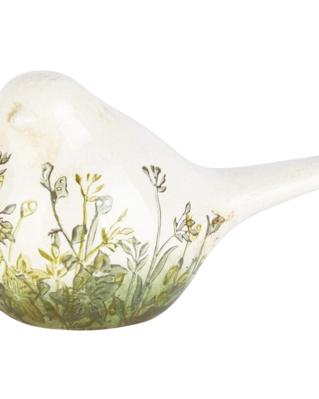 🐦 Deco Vogel “Field of Flowers” - decoratief - Keramiek - beige - 17 x 10 x 10 cm