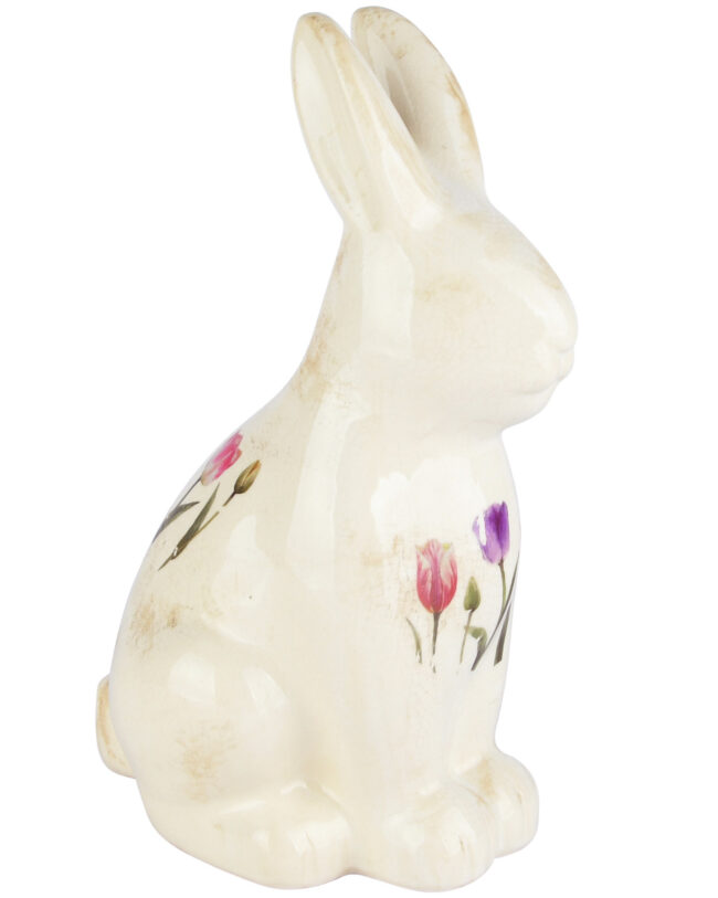 decoratief beeld - 🐇 Deco Bunny “Tulip Dance” - Keramiek - beige - 13 x 10 x 21 cm