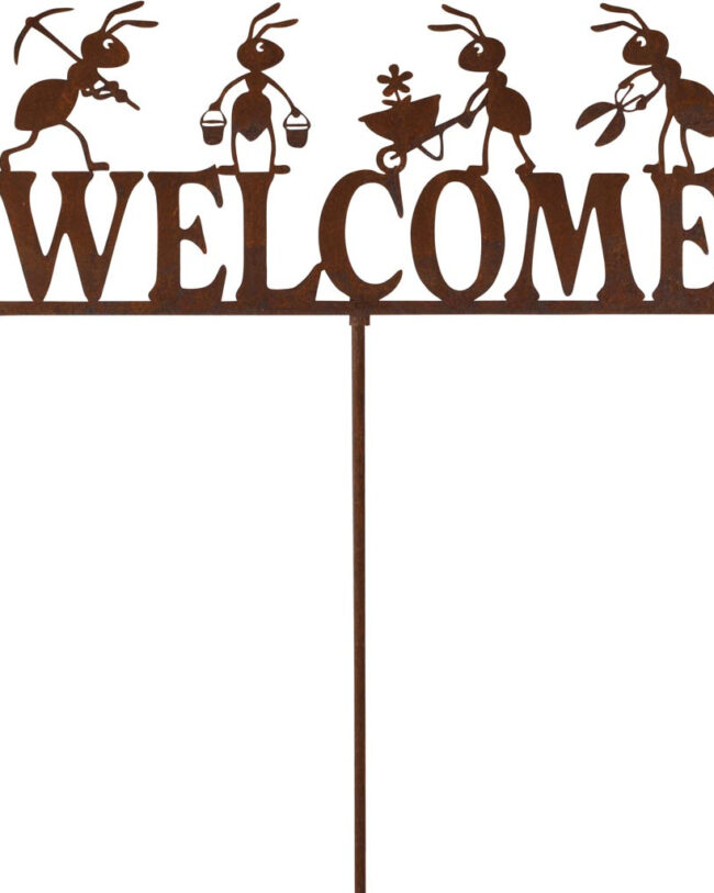 π Tuinprikker met Mieren βWelcomeβ - decoratief - metaal - Roest - 28 x 128 cm