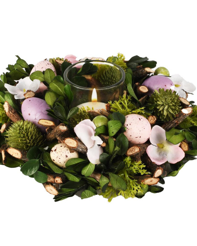 🐣 Tafelstukje met Eitjes en Bloemen -decoratief - kunststof/glas - Groen/Roze/Wit -  Ø 18 x 6 cm