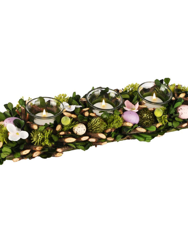 🐣 Langwerpig Tafelstuk met Eitjes en Bloemen - decoratief - kunststof/glas - Groen/Roze/Wit - 39 x 13 x 7 cm