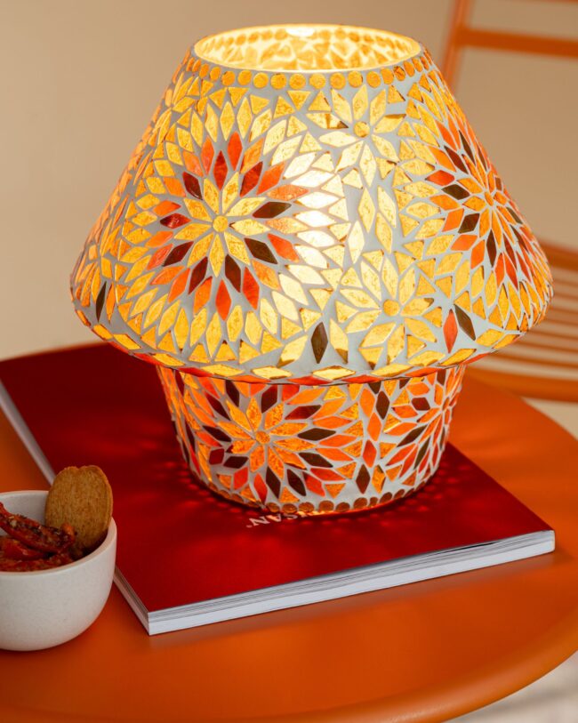 💡 Tafellamp Mozaïek – j-line – Glas – Bruin / donkeroranje – groot – Ø 33 x H 29,5 cm – enkel afhalen/geen verzending