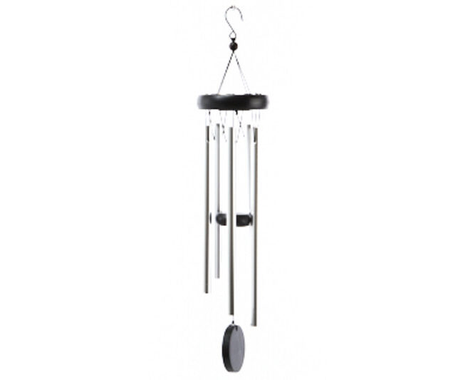 tuinhanger - 🎐 Windgong met 5 buisjes – aluminium & zwart hout - Ø 9 x H 45,5 cm