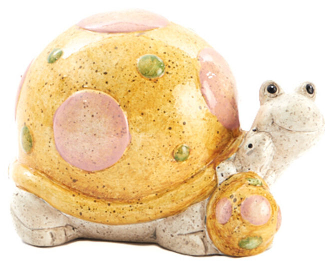decoratief beeld - 🐢 Deco schildpad “Jules” met baby - oker/groen - keramiek - groot - L 15 x H 10 cm