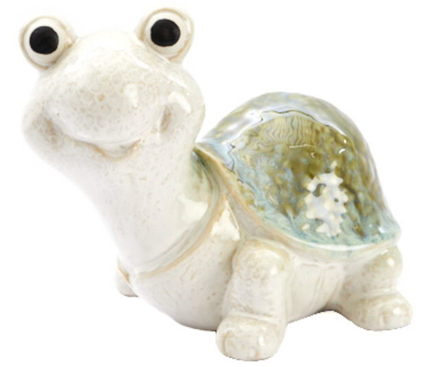 decoratief beeld - 🐢 Lachende schildpad “Eric” - groen/beige - keramiek - groot - L 19 x H 16 cm