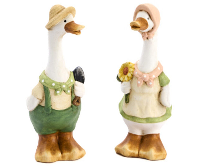 decoratief beeld - 🦆 Koppel eenden - keramiek - groen/beige  - H 17,5 cm - assortiment van 2/prijs per stuk