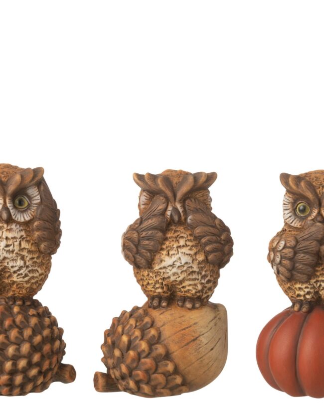 Decoratief Beeld – j-line - Uil – Horen/Zien/Zwijgen – Porselein - Bruin – Set van 3
