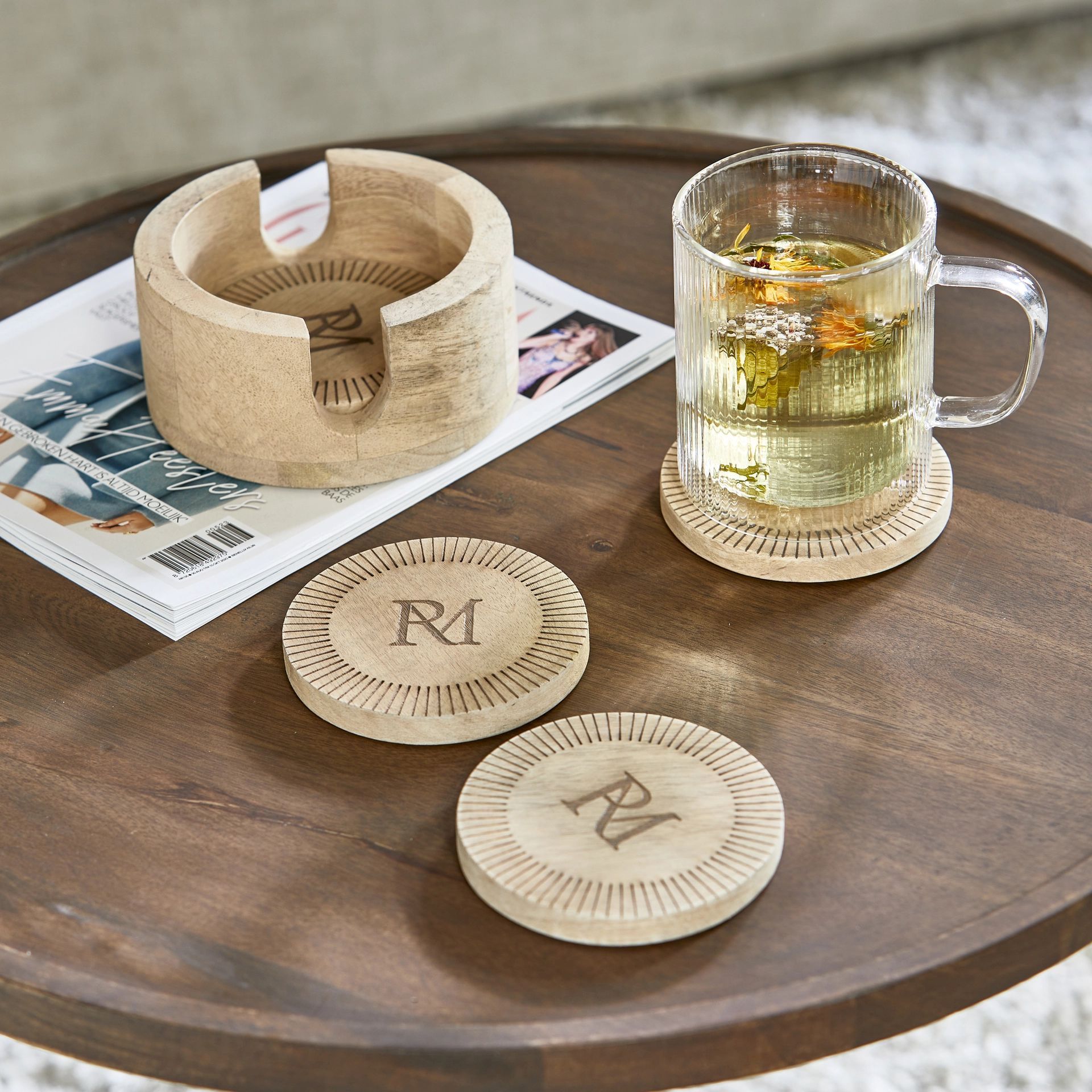 keuken - Rivièra Maison - Isola Coasters - Set van 4 Onderzetters - mangohout - naturel - Ø 13 cm