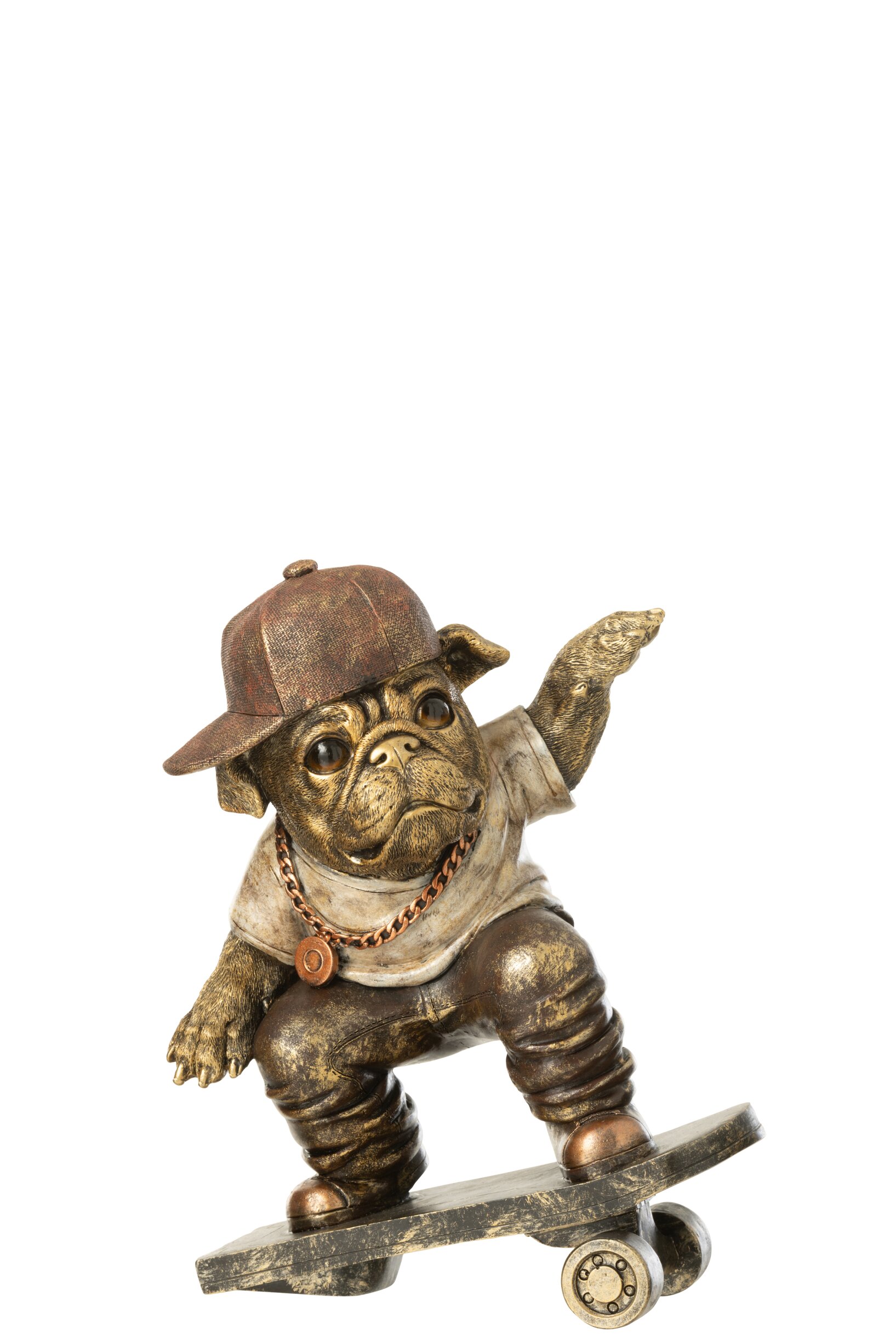 Decoratief Beeld – j-line - Bulldog Skateboard – Kunsthars - Antiek Bruin - 20 × 12,5 × 25 cm