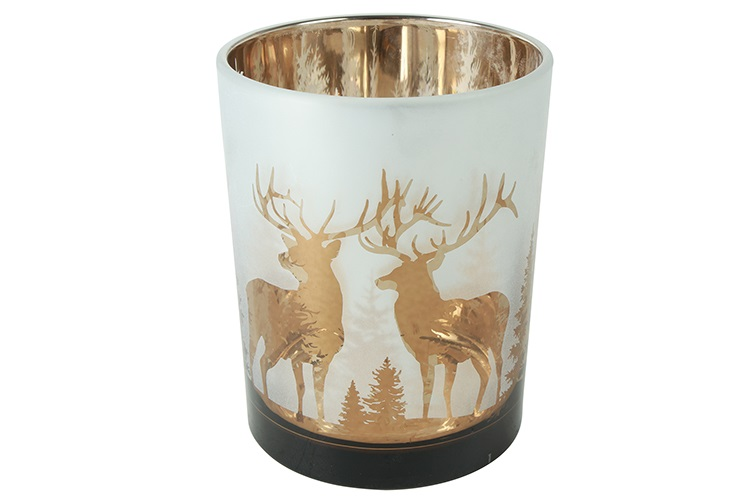 Theelichthouder 'Pines' hertenmotief – countryfield - glas - Goud/Mat - Ø 10 × 12,5 cm geen verzending te zwaar vezending