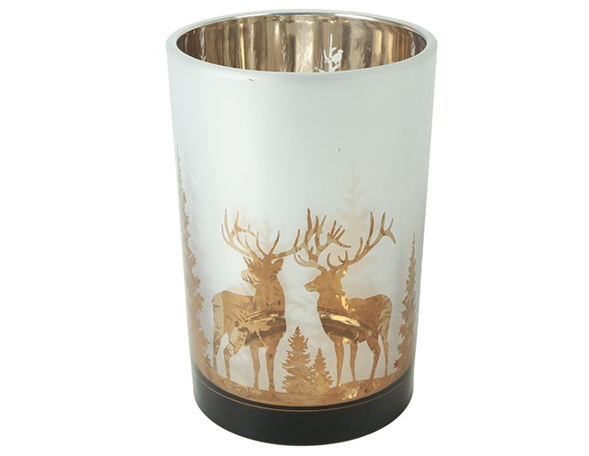 Theelichthouder 'Pines' hertenmotief – countryfield - glas - Goud/Mat - middelgroot - Ø 12 × 18 cm geen verzending, te zwaar