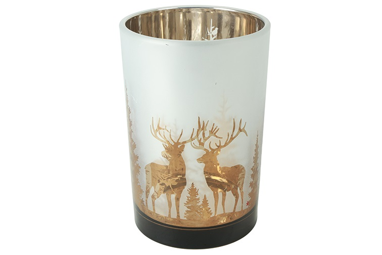 Theelichthouder 'Pines' hertenmotief – countryfield - glas - Goud/Mat - middelgroot - Ø 12 × 18 cm geen verzending, te zwaar