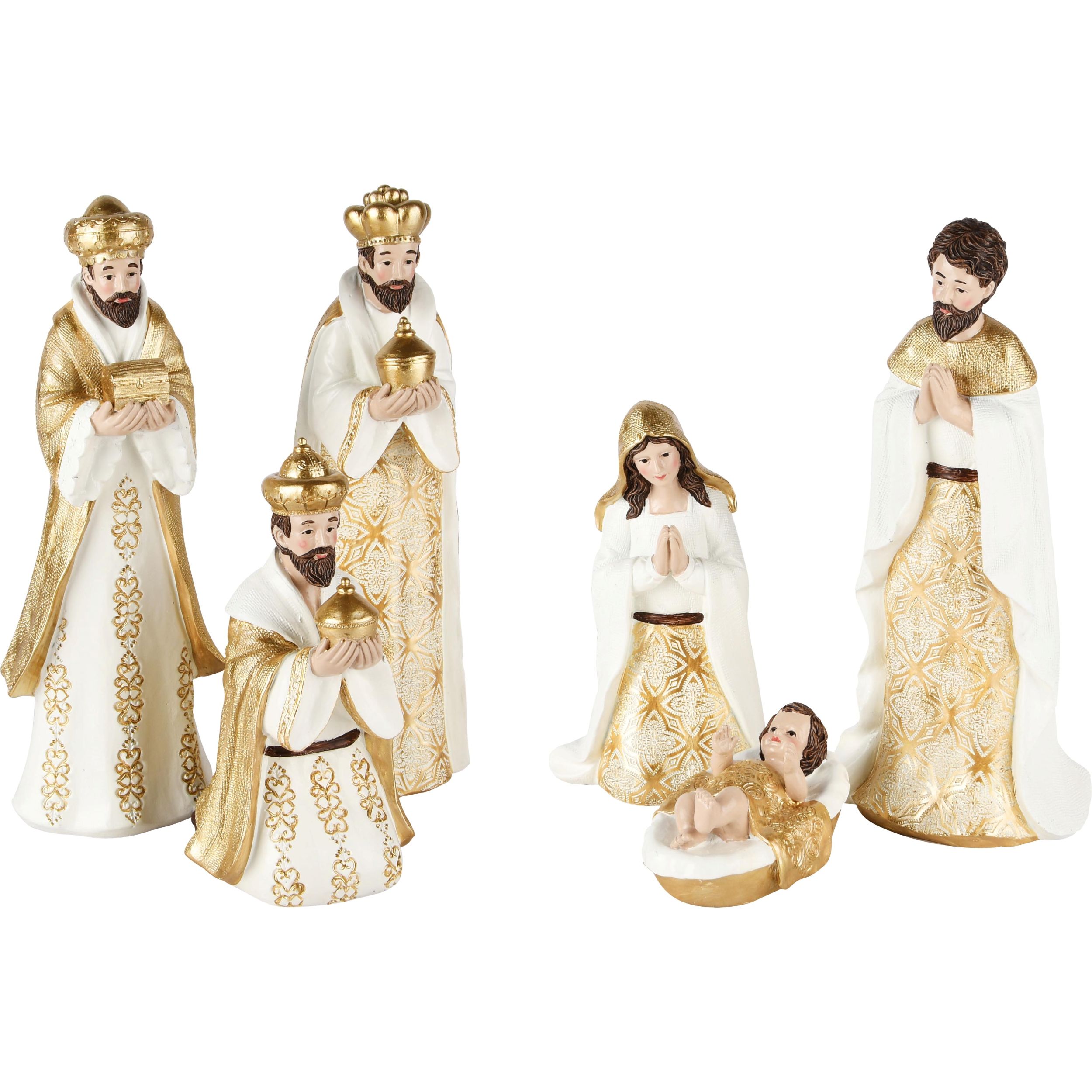 Kerststalfiguren - Set van 6 - kunsthars - wit/goud/beige - 8 x 8 x 23 cm - Afbeelding 2