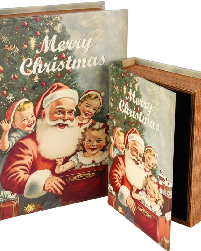 Boekdozen (Opbergbox) – Set van 2 - Kerstman met Kinderen - hout - groen - 20 x 15 x 6 cm