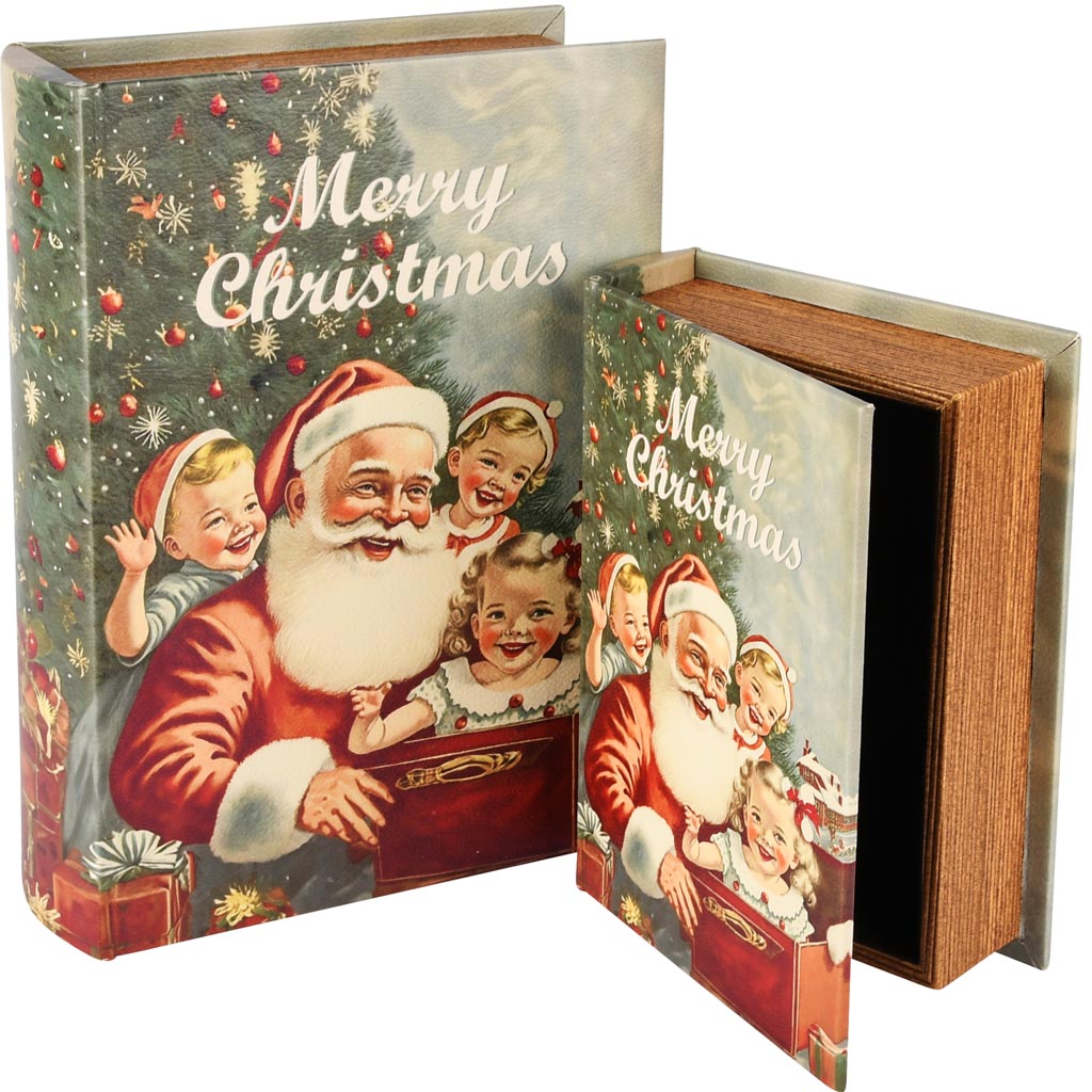 Boekdozen (Opbergbox) – Set van 2 - Kerstman met Kinderen - hout - groen - 20 x 15 x 6 cm