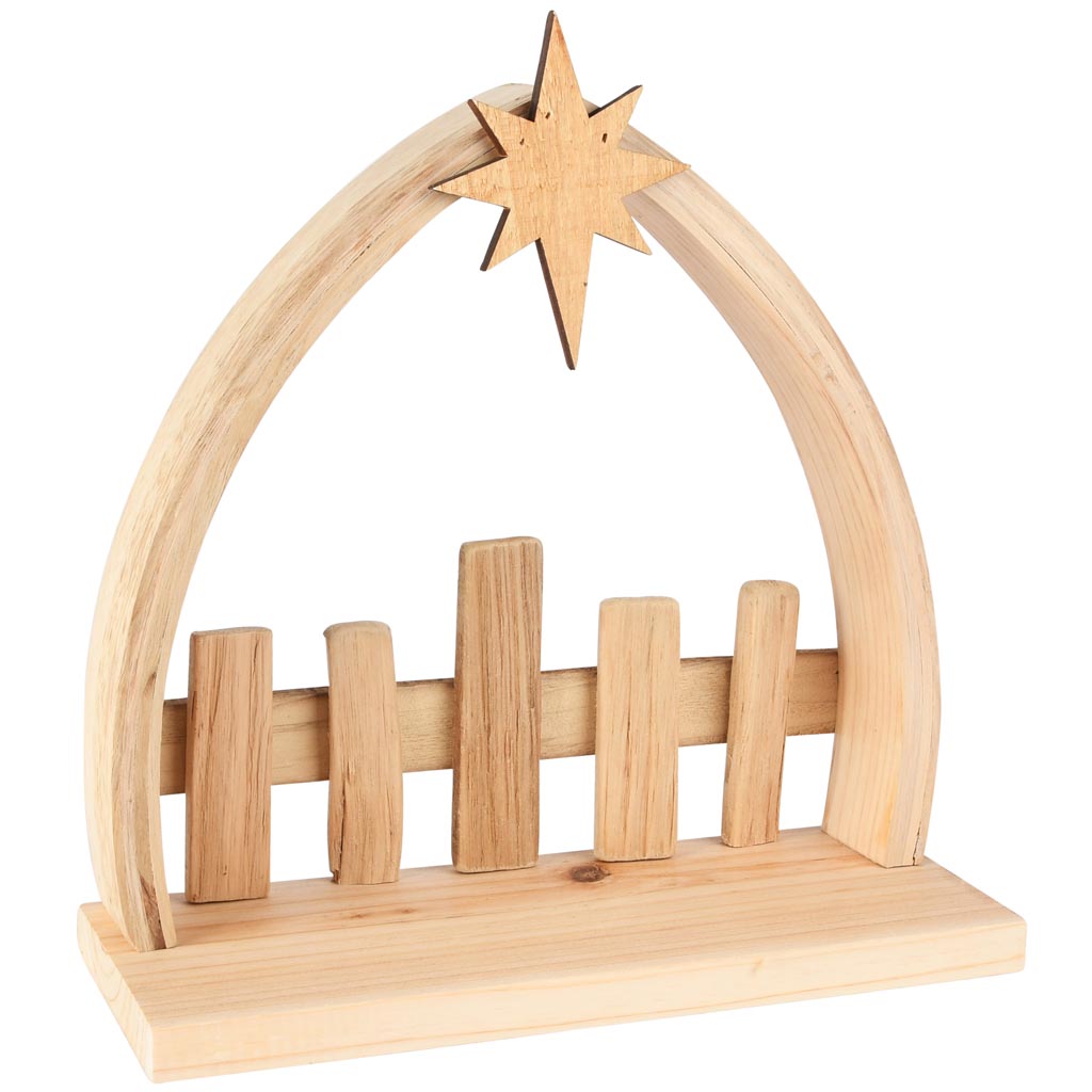 Kerststal met Ster - hout - naturel - 25 x 10 x 27 cm