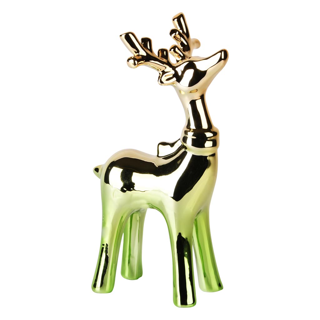 decoratief beeld -Rendier Staand met Sjaal - keramiek - blinkend goud - 8 x 7 x 15 cm - Afbeelding 2
