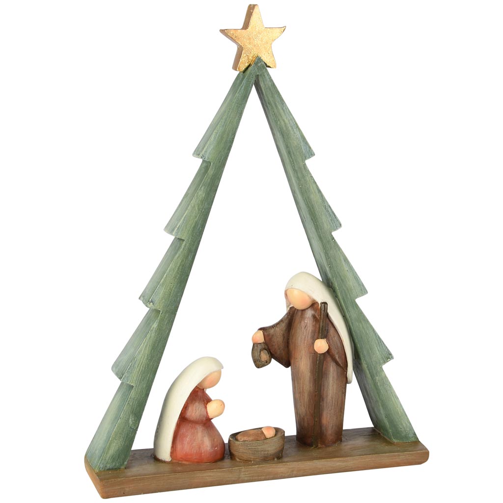 Kerststalfiguren in boom - kunsthars - groen/naturel - 17 x 5 x 23 cm