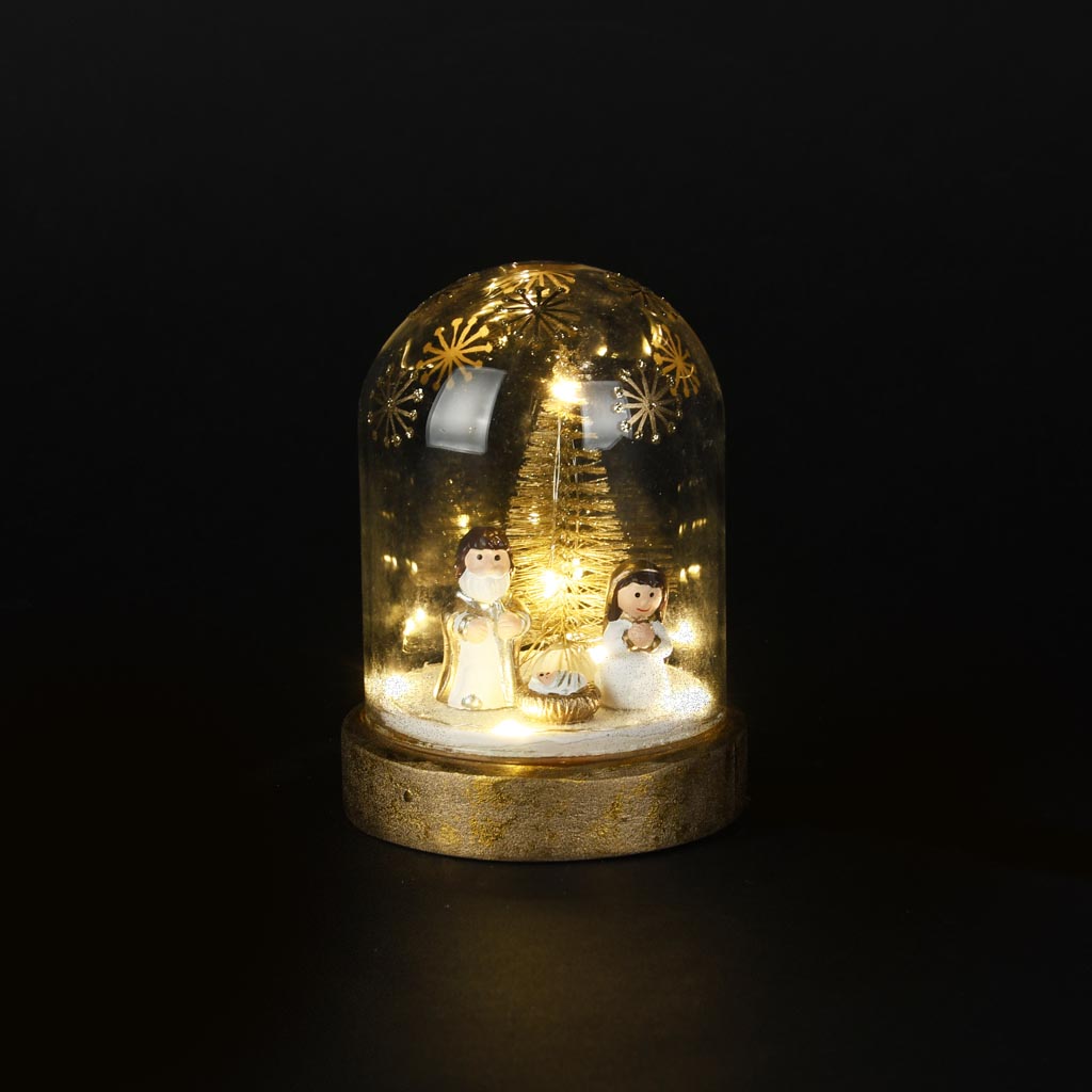 kerststolp met figuren - led - glas - goud/wit - 9 x 9 x 12 cm - Afbeelding 2